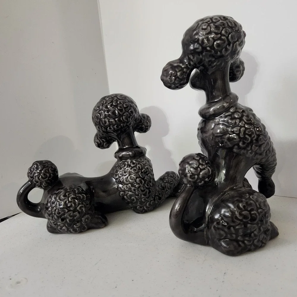 Vintage Mid Century Modern Gray Ceramic Shelf Poodles Dog Decor Signed Reiber